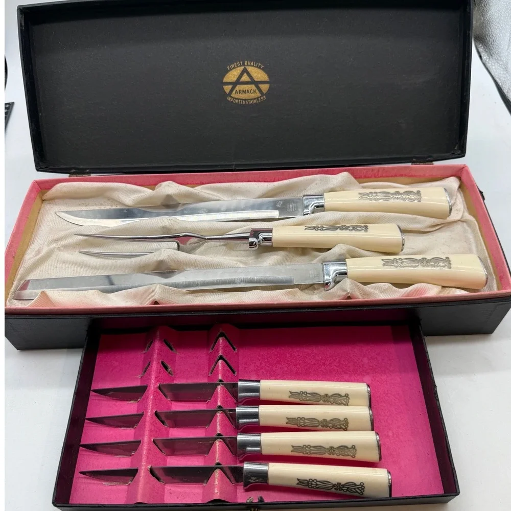 Vtg Armack Solingen Germany Stainless Steel Carving & Steak Knife Set 7pc Box